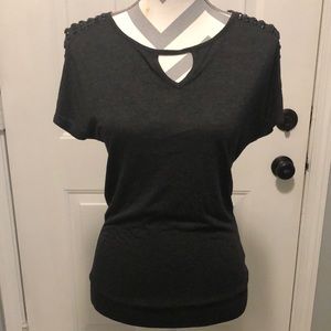 Cable&Gauge short sleeve black jeweled sleeve.Band hem, key hole opening at neck